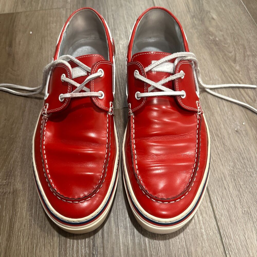 Gucci Mens Red Leather Boat Shoes Deck Moccasin Sneakers Size 9G / ~10-10.5 US